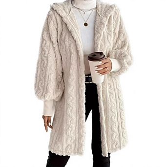 Women's Cable Knit Fuzzy Hooded Coat Long Sleeve Open Front Fleece Jacket