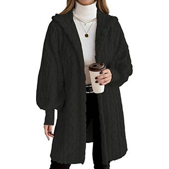 Women's Cable Knit Fuzzy Hooded Coat Long Sleeve Open Front Fleece Jacket