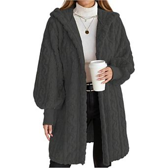 Women's Cable Knit Fuzzy Hooded Coat Long Sleeve Open Front Fleece Jacket