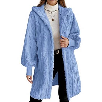 Women's Cable Knit Fuzzy Hooded Coat Long Sleeve Open Front Fleece Jacket