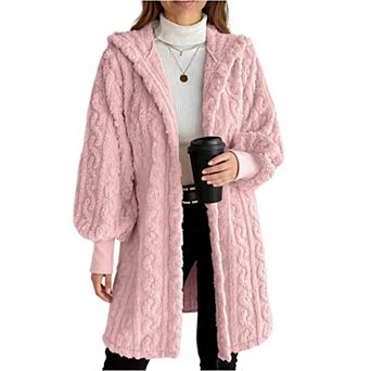 Women's Cable Knit Fuzzy Hooded Coat Long Sleeve Open Front Fleece Jacket