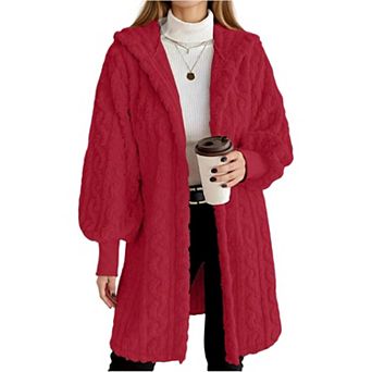 Women's Cable Knit Fuzzy Hooded Coat Long Sleeve Open Front Fleece Jacket