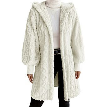 Women's Cable Knit Fuzzy Hooded Coat Long Sleeve Open Front Fleece Jacket
