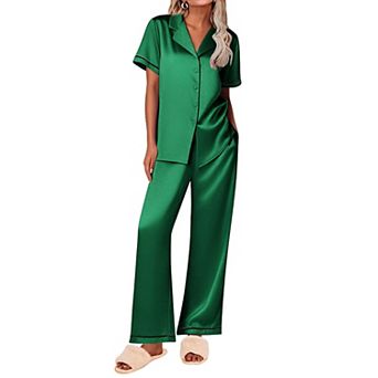 Ekouaer Women's Silk Pajamas Set Short Sleeve Pjs 2 pc Soft Loungewear with Pants Button