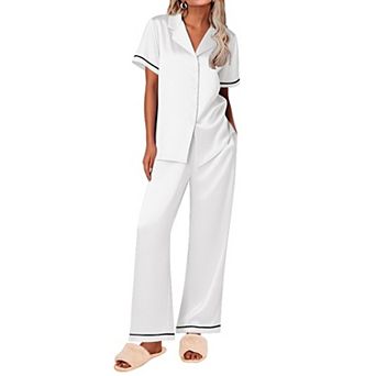 Ekouaer Women's Silk Pajamas Set Short Sleeve Pjs 2 pc Soft Loungewear with Pants Button