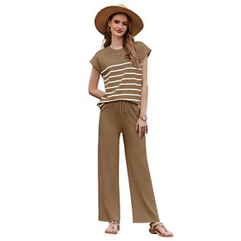 Ekouaer Pajama Set for Women 2 pc Outfits Knit Sweater Sets Striped Top Wide Leg Long