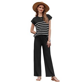 Ekouaer Pajama Set for Women 2 pc Outfits Knit Sweater Sets Striped Top Wide Leg Long