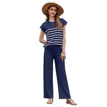 Ekouaer Pajama Set for Women 2 pc Outfits Knit Sweater Sets Striped Top Wide Leg Long