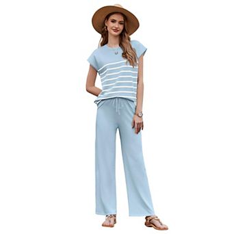 Ekouaer Pajama Set for Women 2 pc Outfits Knit Sweater Sets Striped Top Wide Leg Long