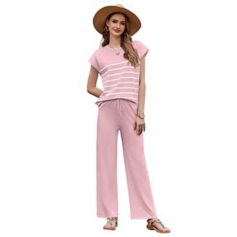 Ekouaer Pajama Set for Women 2 pc Outfits Knit Sweater Sets Striped Top Wide Leg Long
