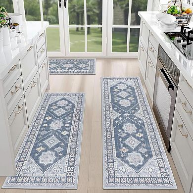 Boho Kitchen Rug Sets 3-Piece with Runner Non Slip Washable Thick Mat Carpet for Hallway Laundry