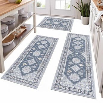 Boho Kitchen Rug Sets 3 pc with Runner Non Slip Washable Thick Mat Carpet for Hallway Laundry