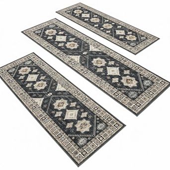 Boho Kitchen Rug Sets 3 pc with Runner Non Slip Washable Thick Mat Carpet for Hallway Laundry