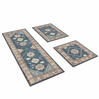 Boho Kitchen Rug Sets 3 pc with Runner Non Slip Washable Thick Mat Carpet for Hallway Laundry