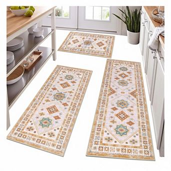 Boho Kitchen Rug Sets 3 pc with Runner Non Slip Washable Thick Mat Carpet for Hallway Laundry