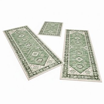 Boho Kitchen Rug Sets 3 pc with Runner Non Slip Washable Thick Mat Carpet for Hallway Laundry