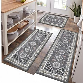 Boho Kitchen Rug Sets 3 pc with Runner Non Slip Washable Thick Mat Carpet for Hallway Laundry