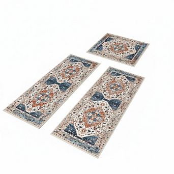 Boho Kitchen Rug Sets 3 pc with Runner Non Slip Washable Thick Mat Carpet for Hallway Laundry