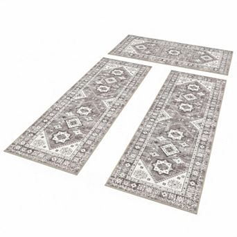 Boho Kitchen Rug Sets 3 pc with Runner Non Slip Washable Thick Mat Carpet for Hallway Laundry