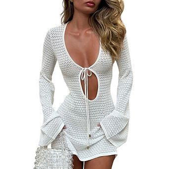 Women Crochet Swimsuit Cover Up Bell Sleeve V Neck Tie Mesh Knit Summer Beach Dress Vacation Outfits