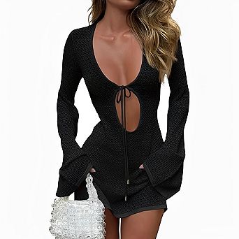 Women Crochet Swimsuit Cover Up Bell Sleeve V Neck Tie Mesh Knit Summer Beach Dress Vacation Outfits