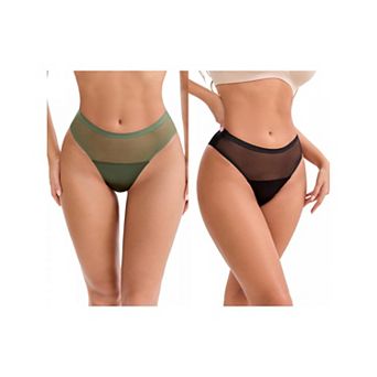 2 Packs Women's Lace Mesh See Through Mid Rise Briefs Breathable Lightweight Seamless Underwear