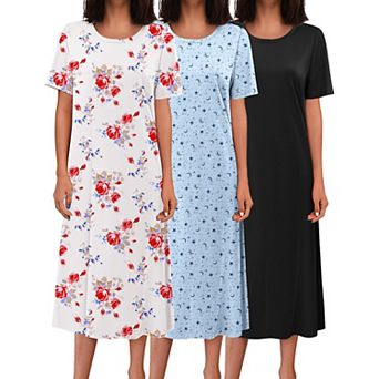 Ekouaer 3 pc Long Nightgowns for Women Full Length Short Sleeve Nightshirt Soft Casual Loungwear