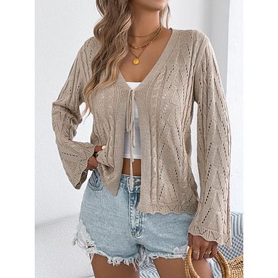 Women's Long Bell Sleeves Cardigan Sweaters Solid Color Cutout Lightweight Tie Front Crochet Top