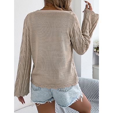 Women's Long Bell Sleeves Cardigan Sweaters Solid Color Cutout Lightweight Tie Front Crochet Top