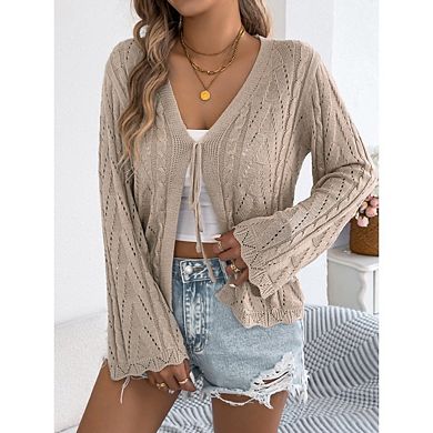 Women's Long Bell Sleeves Cardigan Sweaters Solid Color Cutout Lightweight Tie Front Crochet Top