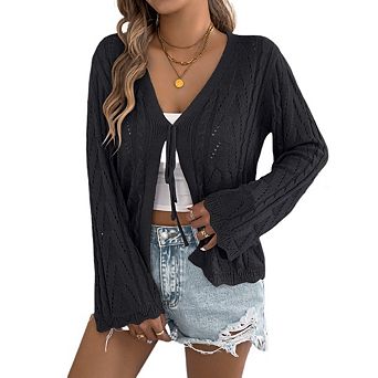 Women's Long Bell Sleeves Cardigan Sweaters Solid Color Cutout Lightweight Tie Front Crochet Top