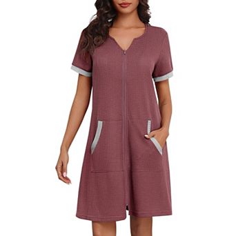 Ekouaer Zip Up Robes for Women Waffle Short Sleeve Bathrobes Lightweight Housecoat with Pockets