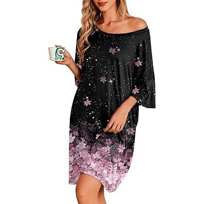 sleeping dress for women Women's Graphic Nightgown Short Sleeve Loose Fit Black this easy to slip on dress is a relaxed and loose Women Sleep Dresses | Fashion