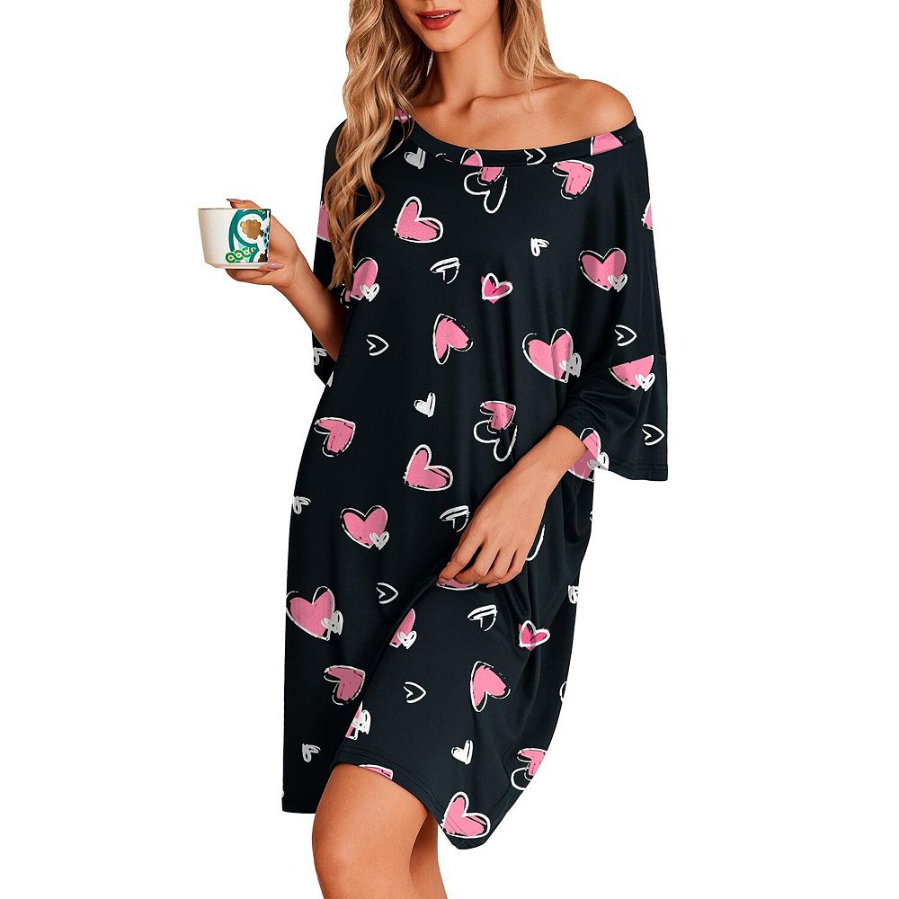 oversized t shirt night dress Ekouaer Oversized Sleep Shirt Short Sleeve Nightshirt, Black Heart / XL