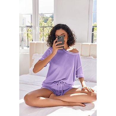 Ekouaer Women' Waffle Knit 2 Pc Pajama Set Casual Shorts Set with Elastic Waist Pocket
