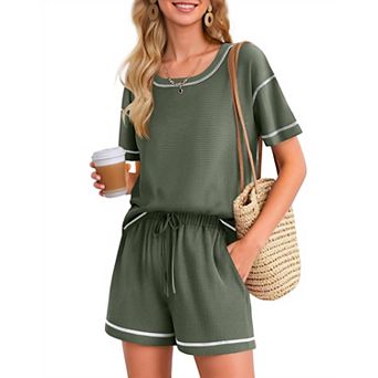 Ekouaer Women' Waffle Knit 2 pc Pajama Set Casual Shorts Set with Elastic Waist Pocket