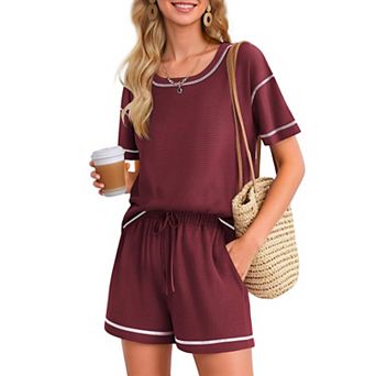 Ekouaer Women' Waffle Knit 2 pc Pajama Set Casual Shorts Set with Elastic Waist Pocket