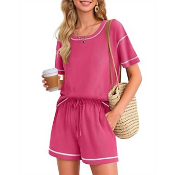 Ekouaer Women' Waffle Knit 2 pc Pajama Set Casual Shorts Set with Elastic Waist Pocket