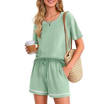 Ekouaer Women's Waffle Knit Lounge Set Short Sleeve Top and Shorts with Pocket
