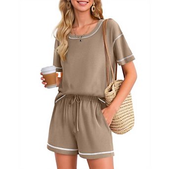 Ekouaer Women's Waffle Knit Lounge Set Short Sleeve Top and Shorts with Pocket
