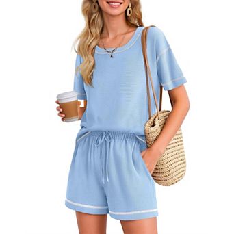 Ekouaer Women' Waffle Knit 2 pc Pajama Set Casual Shorts Set with Elastic Waist Pocket