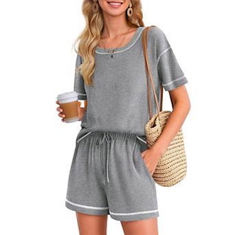 Ekouaer Women' Waffle Knit 2 pc Pajama Set Casual Shorts Set with Elastic Waist Pocket