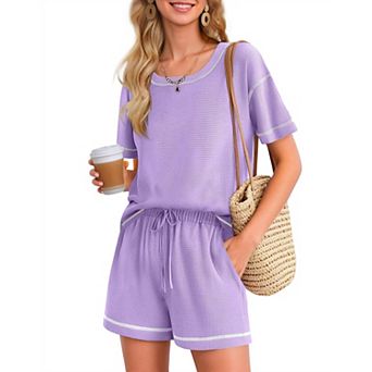 Ekouaer Women's Waffle Knit Lounge Set Short Sleeve Top and Shorts with Pocket