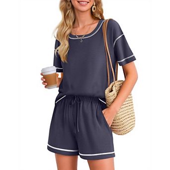 Ekouaer Women' Waffle Knit 2 pc Pajama Set Casual Shorts Set with Elastic Waist Pocket