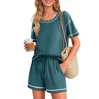 Ekouaer Women's Waffle Knit Lounge Set Short Sleeve Top and Shorts with Pocket
