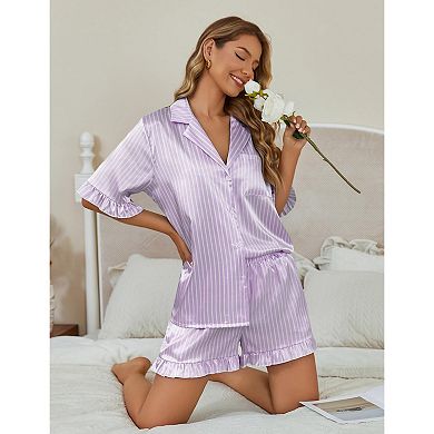 Ekouaer Pajamas for Women Print 2 Piece Button Down Pjs Shorts Set Ruffle Sleepwear