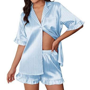 Ekouaer Pajamas for Women Print 2 pc Button Down Pjs Shorts Set Ruffle Sleepwear