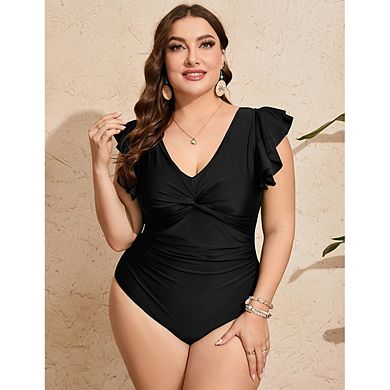 Plus Size One Piece Swimsuit for Women Ruffle Sleeve V Neck Twist Front Tummy Control Bathing Suit