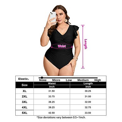 Plus Size One Piece Swimsuit for Women Ruffle Sleeve V Neck Twist Front Tummy Control Bathing Suit