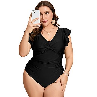 Plus Size One Piece Swimsuit for Women Ruffle Sleeve V Neck Twist Front Tummy Control Bathing Suit